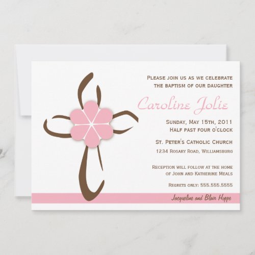 Simple Contemporary Cross with Pink Flower Custom Invitation