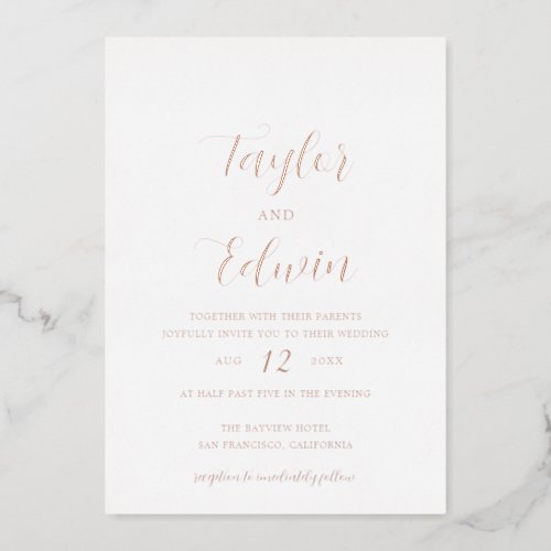 Simple Contemporary Modern Wedding Rose Gold Foil Invitation