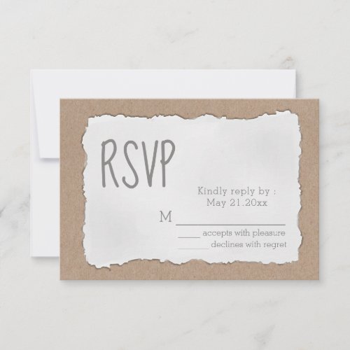 Simple contemporary torn paper cardboard RSVP card