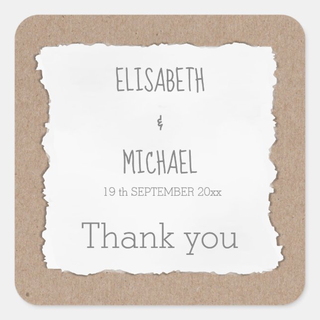 Simple contemporary torn paper cardboard thank you square sticker (Front)