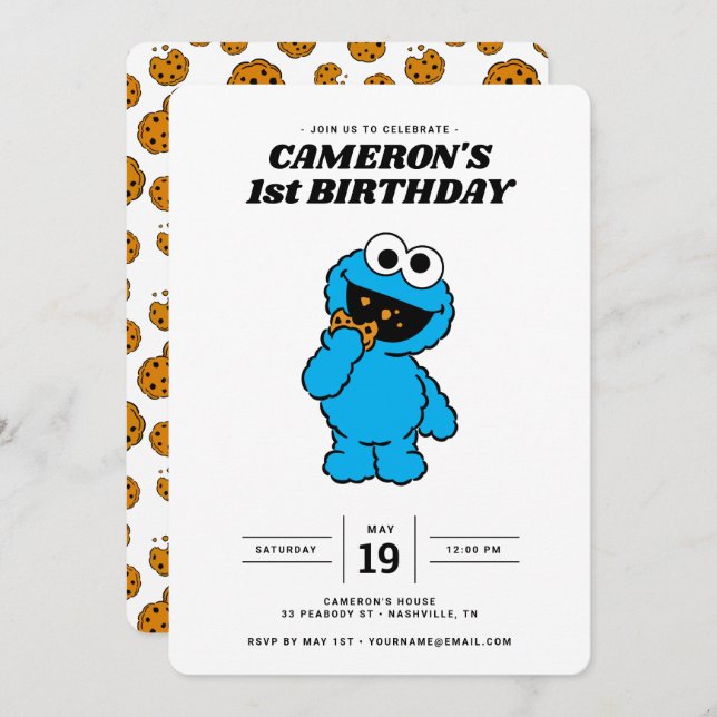 Simple Cookie Monster 1st Birthday  Invitation (Front/Back)