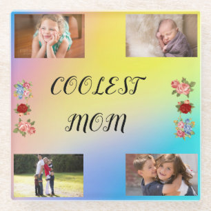 Simple Coolest Mom 4 photos Blue Pink Yellow  Glass Coaster