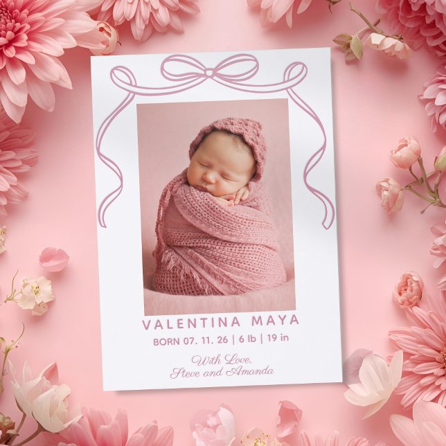 Simple Coquette Gift Bow Baby Birth Announcement (Creator Uploaded)