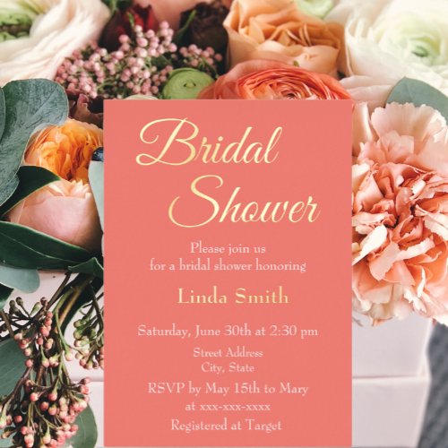 Simple Coral Bridal Shower Foil Invitation