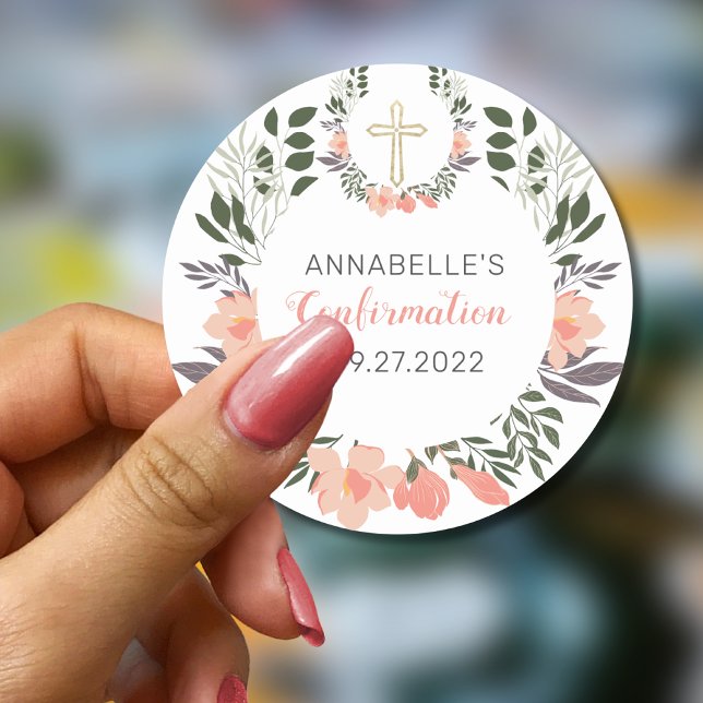 Simple  Coral Floral Confirmation  Classic Round Sticker (Creator Uploaded)