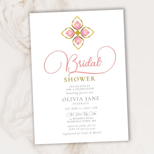 Simple Coral Gold Jewel Boho Chic Bridal Shower Invitation