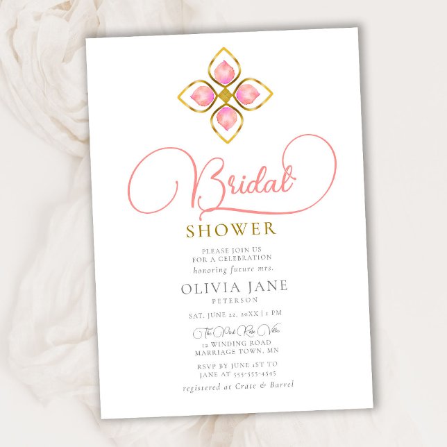 Simple Coral Gold Jewel Boho Chic Bridal Shower Invitation (Creator Uploaded)