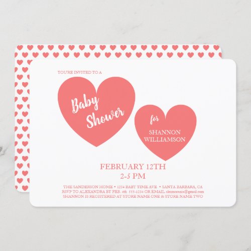 Simple Coral Heart Baby Shower For Girl Invitation