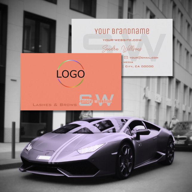 Simple Coral Light Gray with Monogram and Logo Business Card (Creator Uploaded)