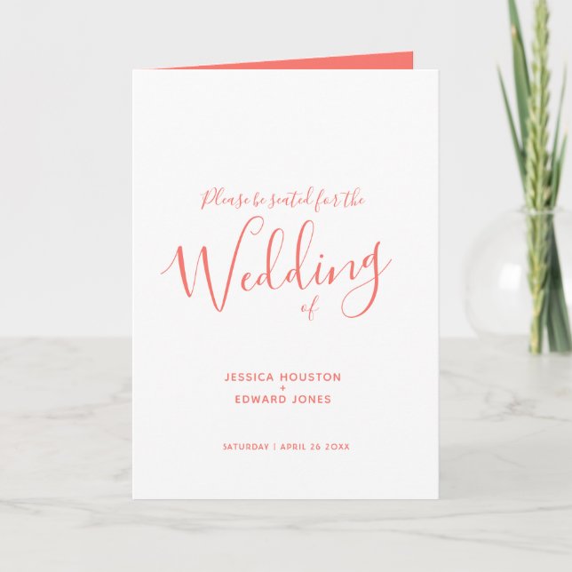 Simple coral orange white script wedding programs (Front)