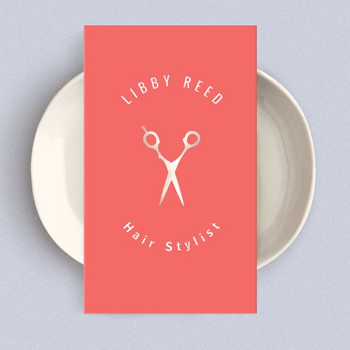 Simple Coral Peach Hairdresser Scissors Salon Business Card