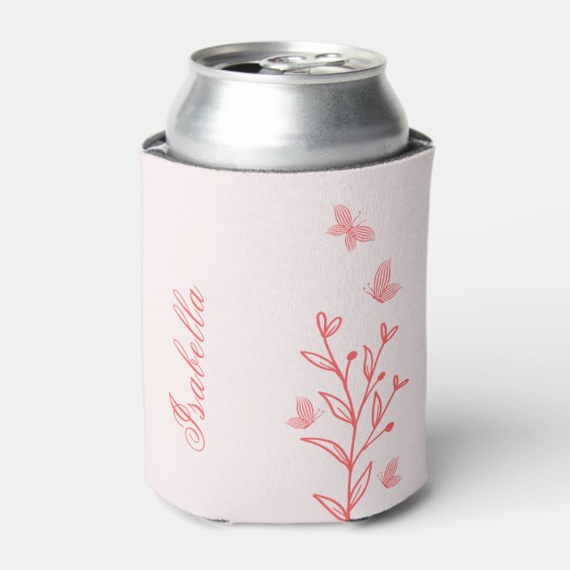 simple coral pink botanical can cooler (Can Front)