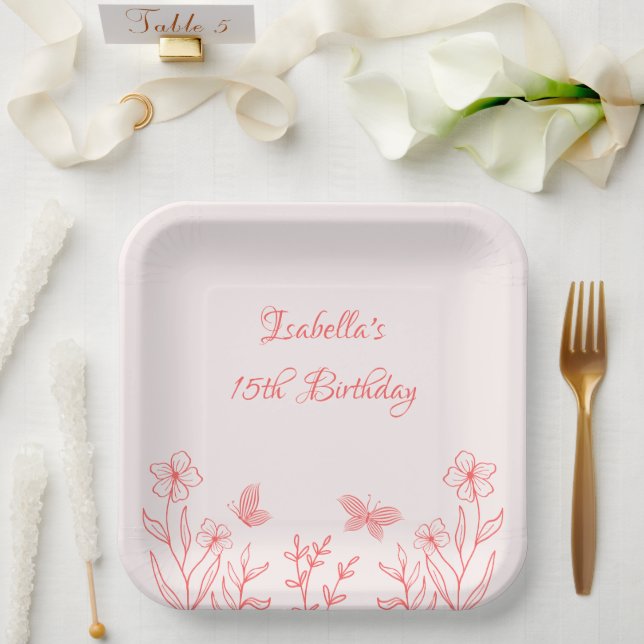 simple coral pink botanical wedding paper plates (Wedding)