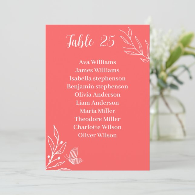 Simple coral pink floral seating chart card (Standing Front)