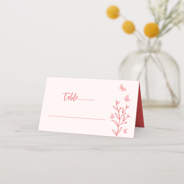 Simple coral pink floral wedding place card (Front)
