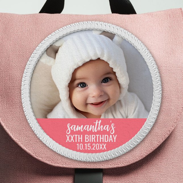 Simple Coral Pink Girl Birthday Party Photo Patch (Custom Patch with Photo)