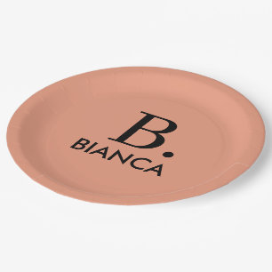 Simple coral pink minimalist monogram paper plates