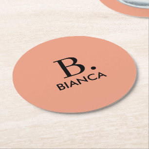 Simple coral pink minimalist monogram round paper coaster