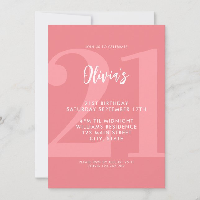 Simple Coral Pink Modern 21st Birthday Invitation (Front)