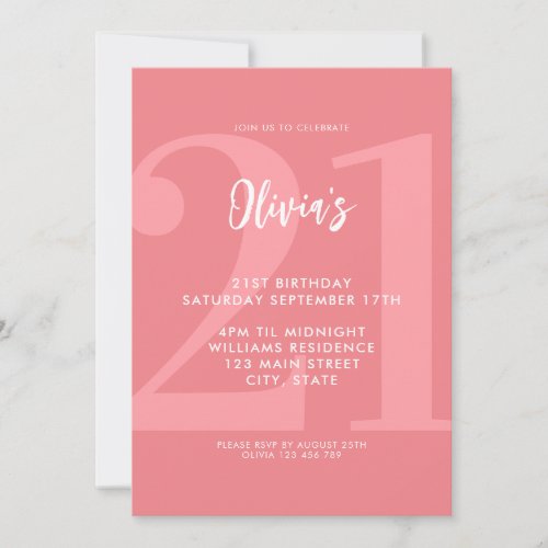 Simple Coral Pink Modern 21st Birthday Invitation