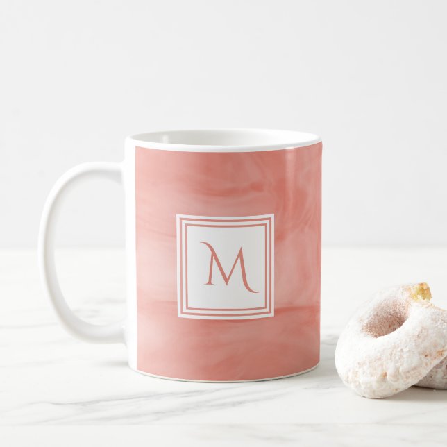 Simple Coral Pink Subtle Marble Modern Monogram Coffee Mug (With Donut)