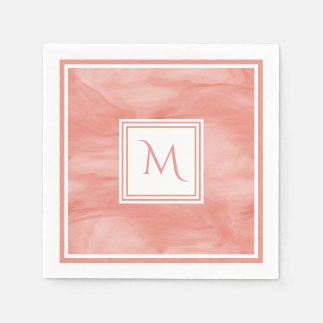 Simple Coral Pink Subtle Marble Modern Monogram Napkins (Front)