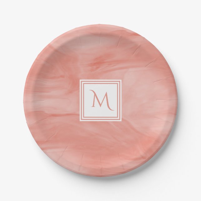 Simple Coral Pink Subtle Marble Modern Monogram Paper Plates (Front)