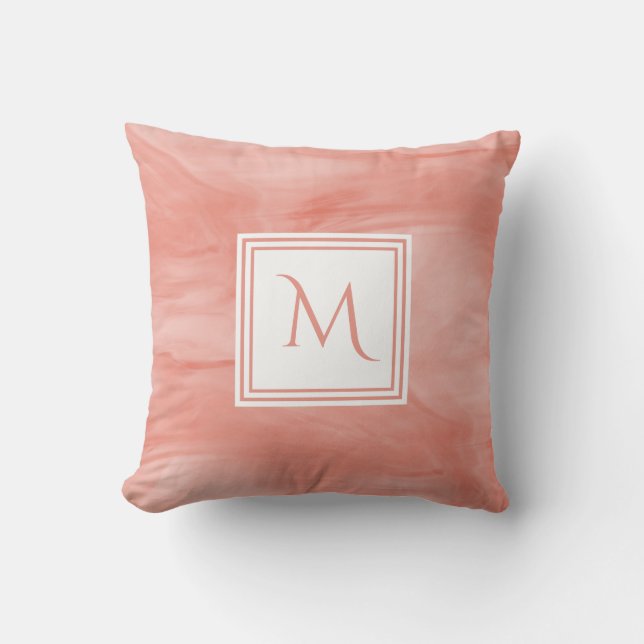 Simple Coral Pink Subtle Marble Modern Monogram Throw Pillow (Front)