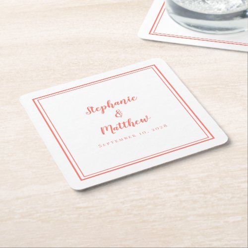 Simple Coral White Wedding Modern Minimalist Party Square Paper Coaster