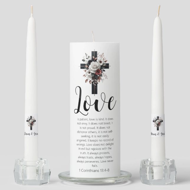 Simple Corinthians Bible Verse with Elegant Cross Unity Candle Set (Front)