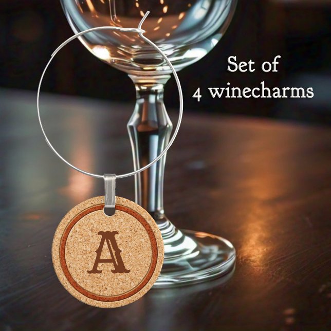 Simple Cork Monogram Wine Charms (Elegant minimalist wine charms featuring a cork background )