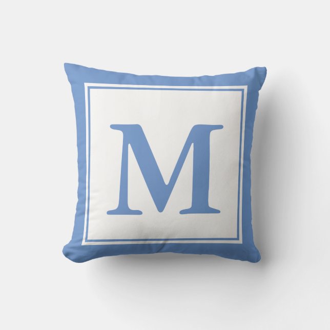Simple Cornflower Blue and White Monogrammed Throw Pillow (Front)