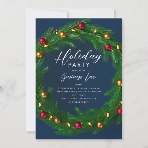Simple Corporate Holiday Party Festive Wreath Navy Invitation