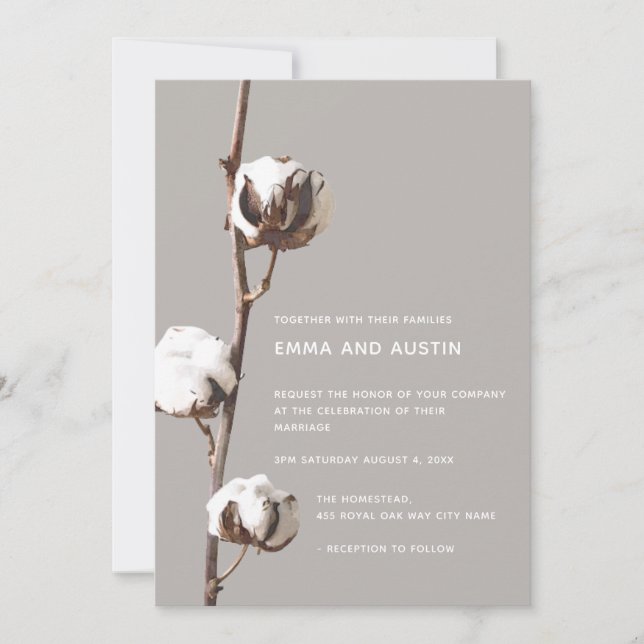 Simple Cotton Minimalist Floral Watercolor Wedding Invitation (Front)