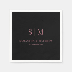 Simple Couple Initials Black and Rose Gold Wedding Napkins