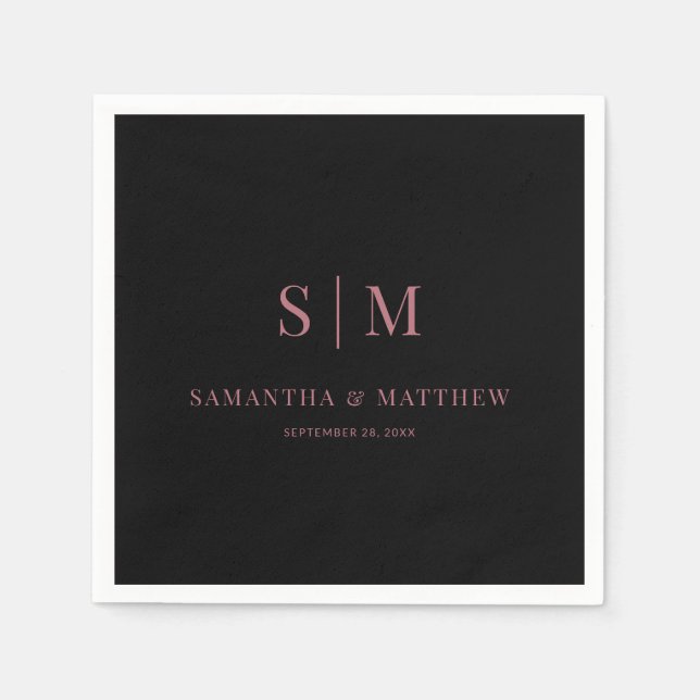 Simple Couple Initials Black and Rose Gold Wedding Napkins (Front)