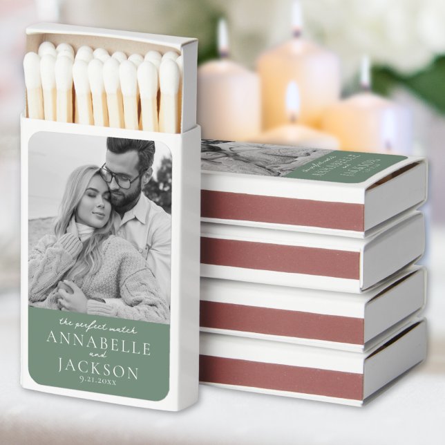 Simple Couple Photo Green Wedding Favors Matchboxes (Simple Couple Photo Sage Green Wedding Favors Matchboxes )