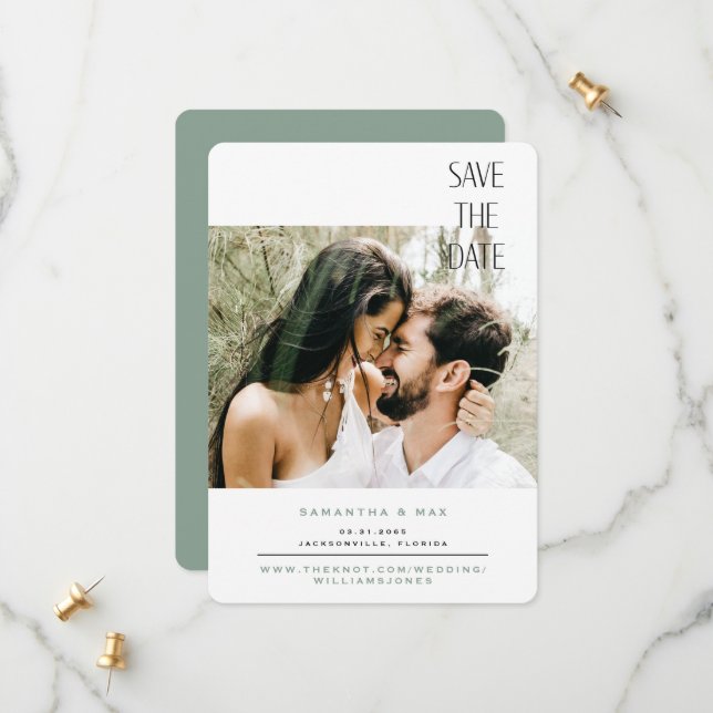 Simple Couple Photo Sage Rounded Save the Date (Front/Back In Situ)