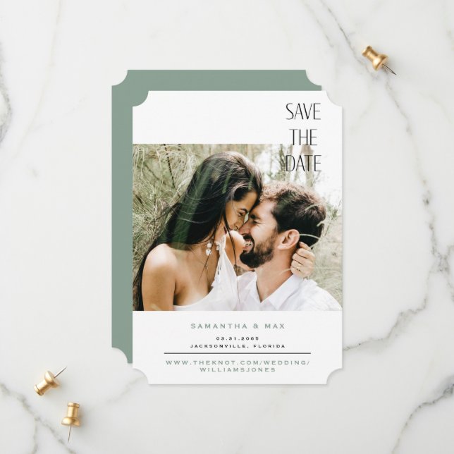 Simple Couple Photo Sage Ticket Save the Date (Front/Back In Situ)