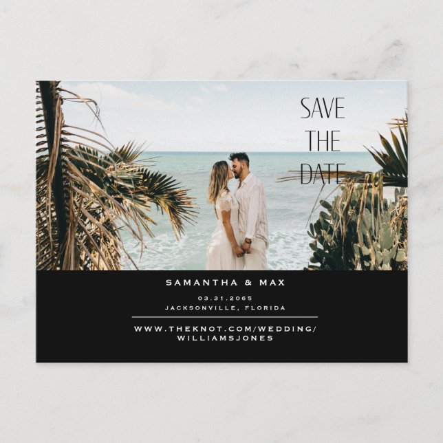 Simple Couple Two Photo Black  Save The Date Announcement Postcard (Front)