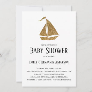 Simple Couples Baby Shower Gold Glitter Sailboat Invitation