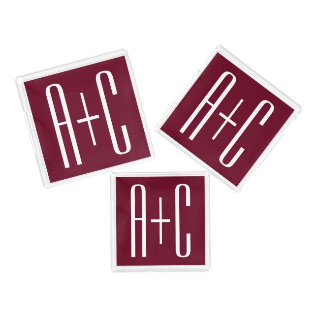 Simple Couples Initials | White & Burgundy Acrylic Tray (Set)
