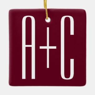 Simple Couples Initials White & Burgundy Ceramic Ornament