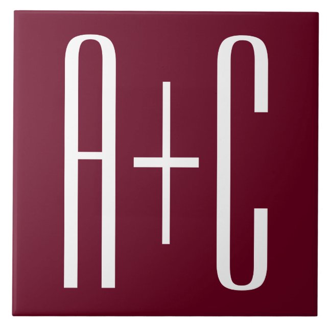 Simple Couples Initials | White & Burgundy Ceramic Tile (Front)