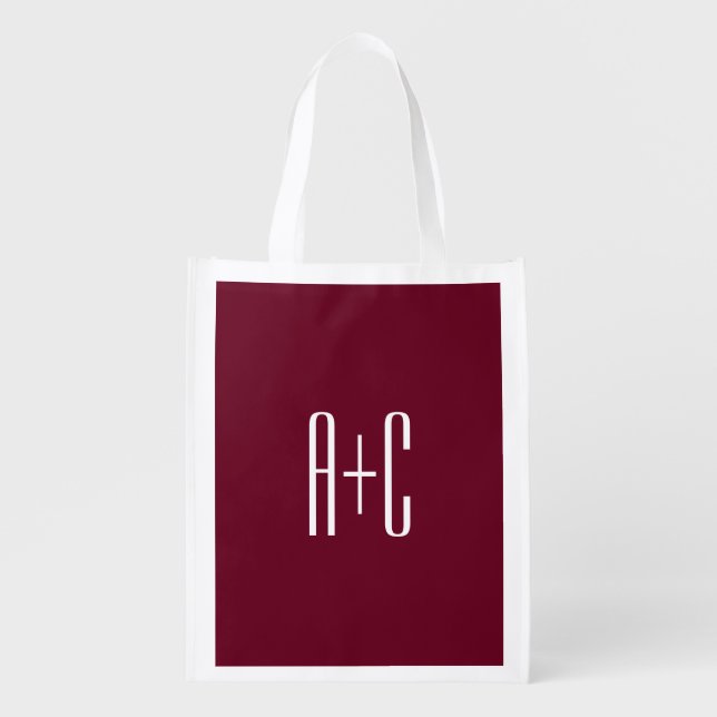 Simple Couples Initials | White & Burgundy Grocery Bag (Front)