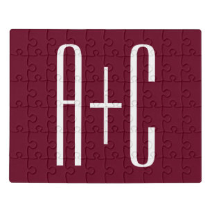 Simple Couples Initials White & Burgundy Jigsaw Puzzle