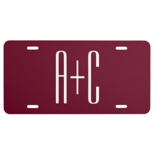 Simple Couples Initials White & Burgundy License Plate