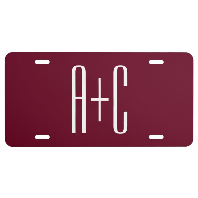 Simple Couples Initials | White & Burgundy License Plate (Front)