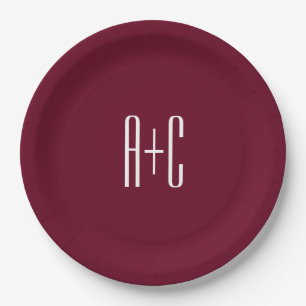 Simple Couples Initials   White & Burgundy Paper Plates