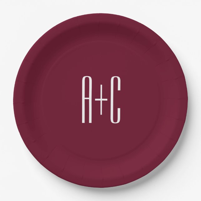 Simple Couples Initials | White & Burgundy Paper Plates (Front)